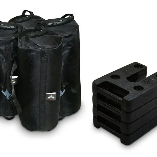 Gewichten set voor vouwtenten 3x6 en 4x8: 4 zandgewichten van 27,5 kg en 4 ijzeren gewichten van 16 kg